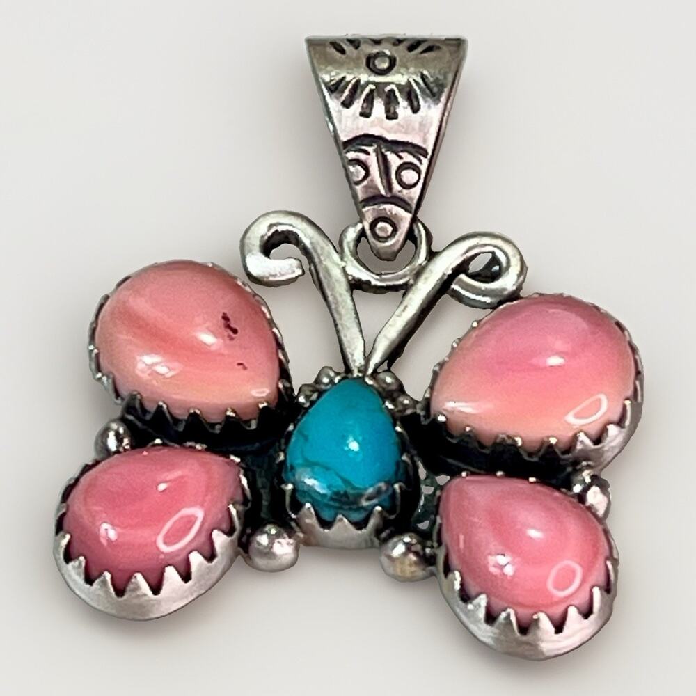 Sterling Queen Conch Kingman Turquoise Statement Butterfly Pendant - Southwest